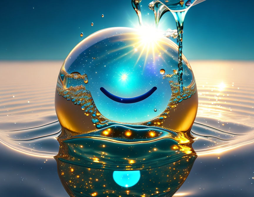 Smiling droplet with sparkling effects on blue background