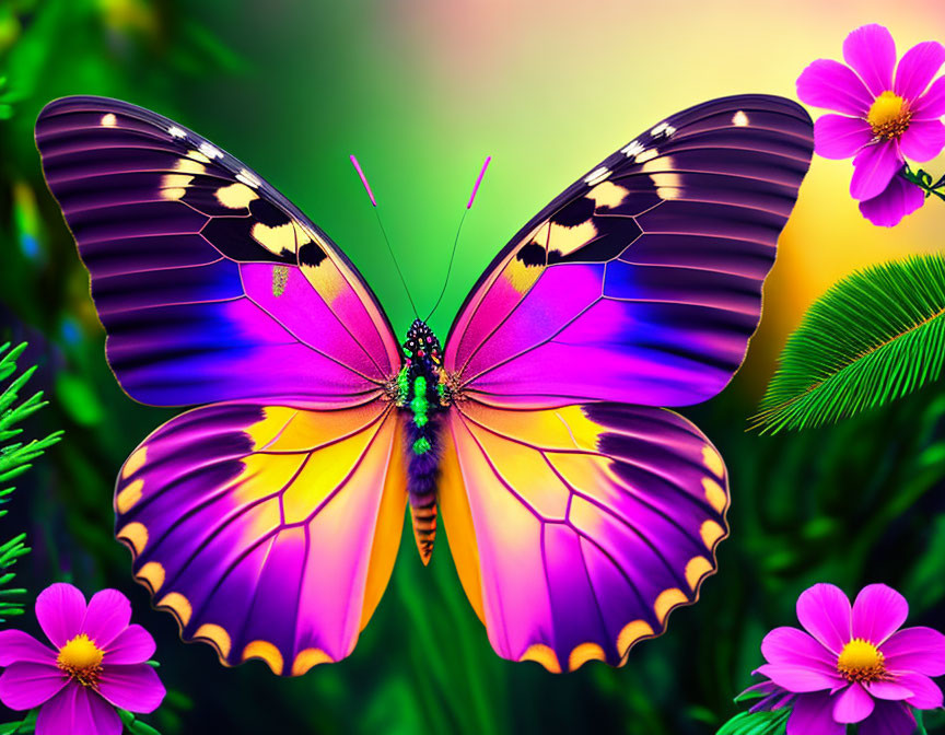 Colorful Butterfly with Purple and Yellow Wings on Greenery and Pink Flowers