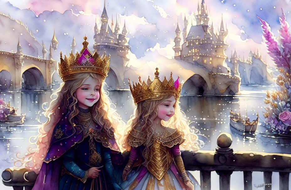 Young princesses in crowns at fairy-tale castle landscape