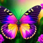 Colorful Butterfly with Purple and Yellow Wings on Greenery and Pink Flowers