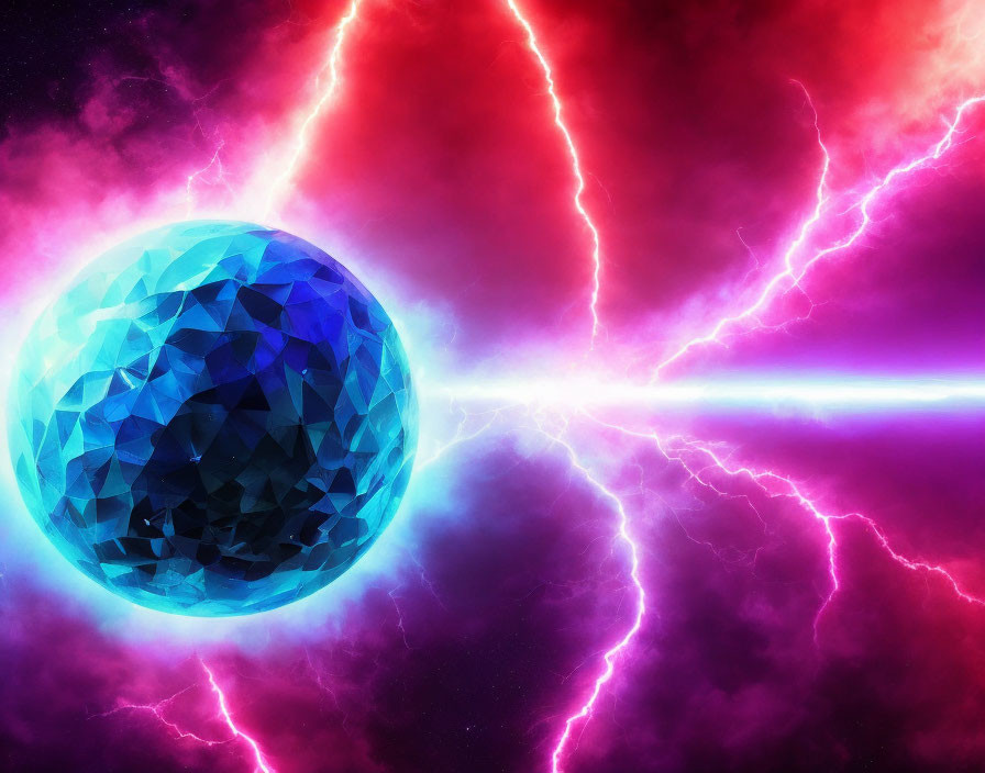 Colorful low-poly sphere in cosmic scene with lightning strikes