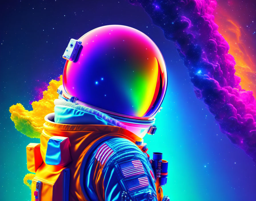 Colorful Astronaut with Reflective Helmet in Cosmic Nebulae Background