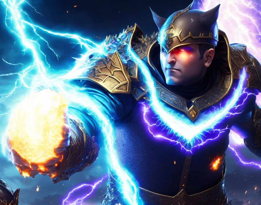 Fantasy warrior in blue and gold armor with glowing red eyes conjuring fire and lightning.