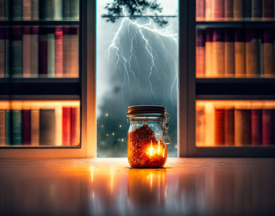 Glowing jar on wooden surface with lightning bolt and bookshelves in background