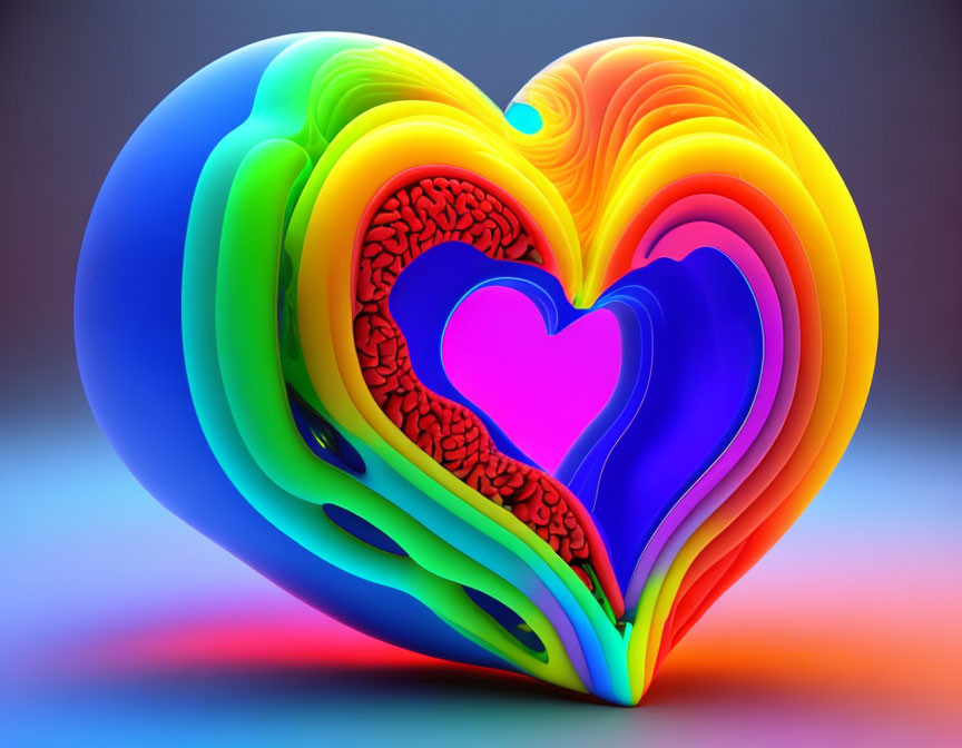 Colorful 3D rendering of nested hearts in gradient colors