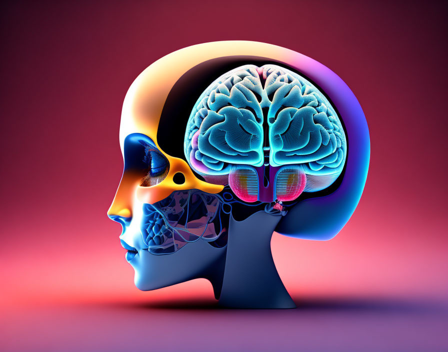 Vibrant human head cross-section with brain and facial anatomy on pink and purple backdrop