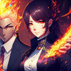 Animated characters with fire-themed powers in stylish outfits