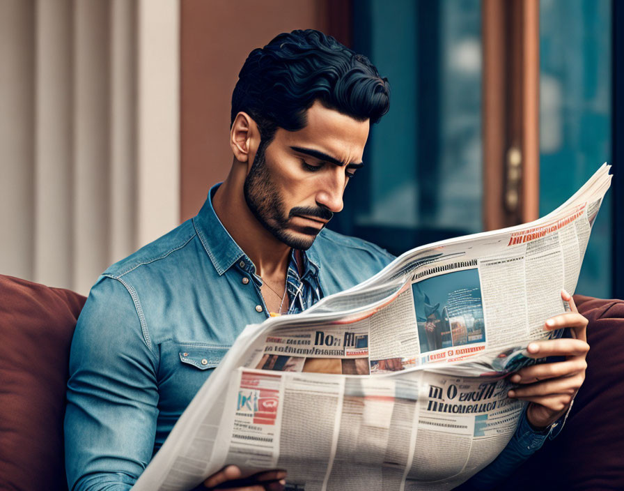 Man with Groomed Hair and Beard Reading Newspaper Indoors