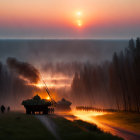 Military tank firing near soldier in smoky sunset scene