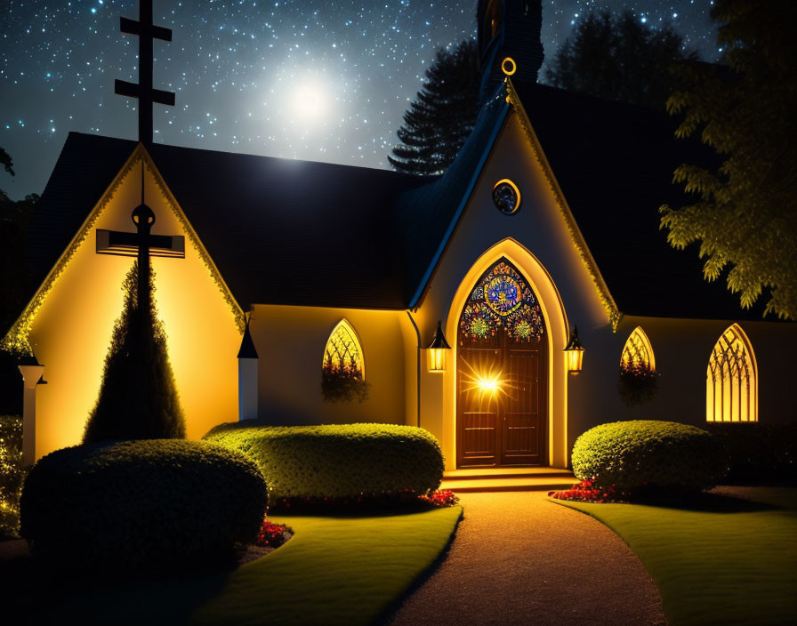 Night scene of illuminated church with starry sky & landscaped bushes