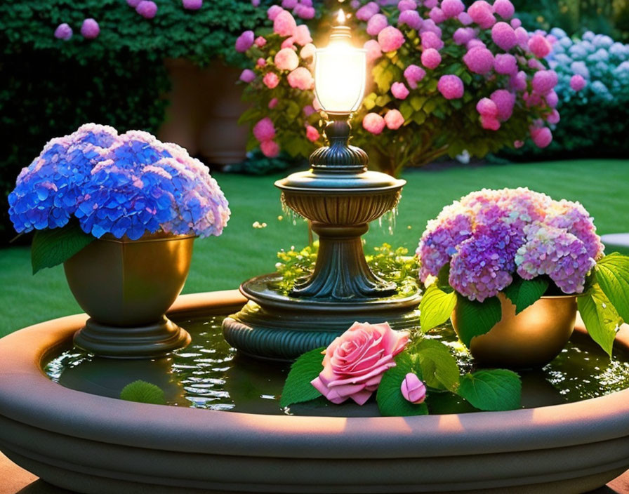 Tranquil garden scene with classic fountain and flowers at dusk