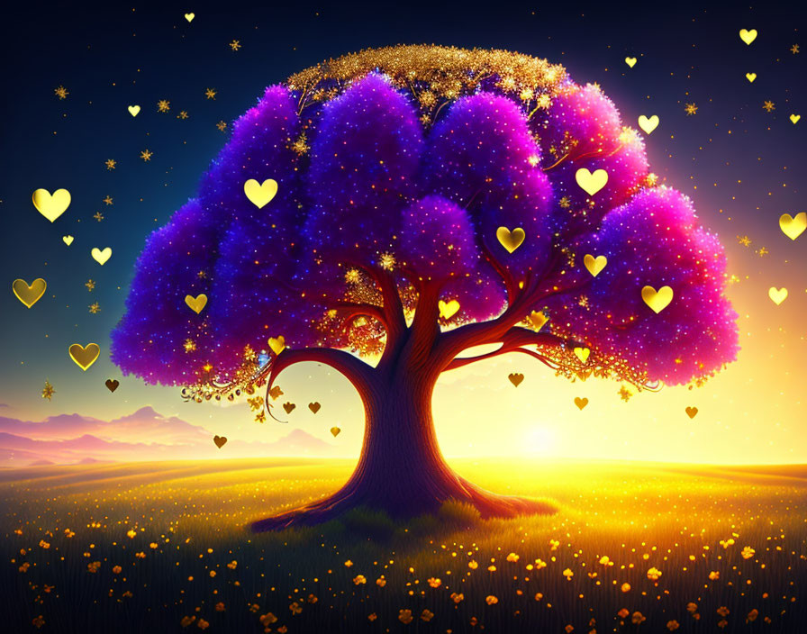 Colorful illustration of magical tree with purple and gold heart-shaped leaves under starry sky