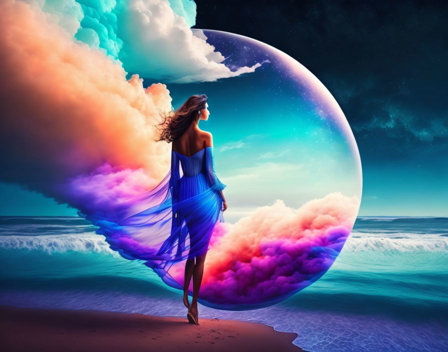Woman in flowing blue dress on beach under surreal, colorful sky