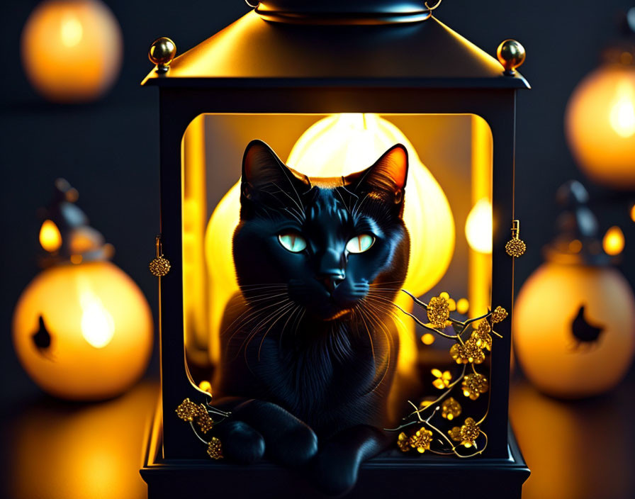 Black Cat in Lantern with Glowing Pumpkins for Halloween Aesthetic