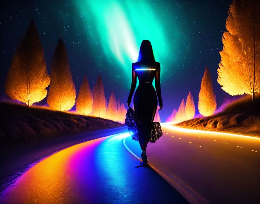 Silhouette of woman walking at night with aurora lights and illuminated trees