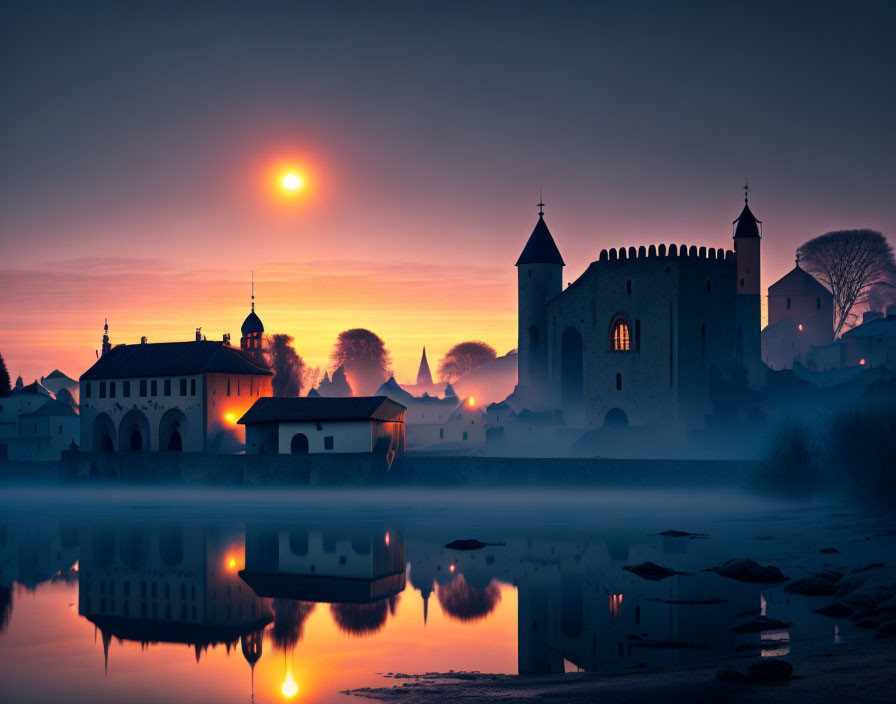 Medieval castle reflected in misty river at sunrise