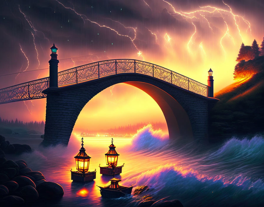 Illustration of Stone Bridge Over Turbulent Waves at Sunset