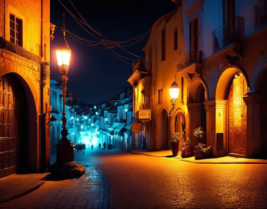 Golden and blue lights illuminate cobblestone street at night