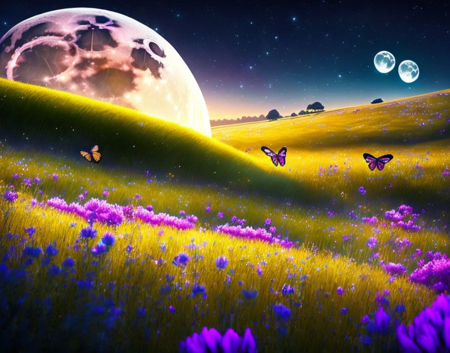 Fantasy landscape: Night scene with moons, flowers, hills, butterflies