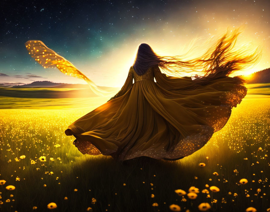 Figure dancing in flower field at sunset with flowing hair and dress