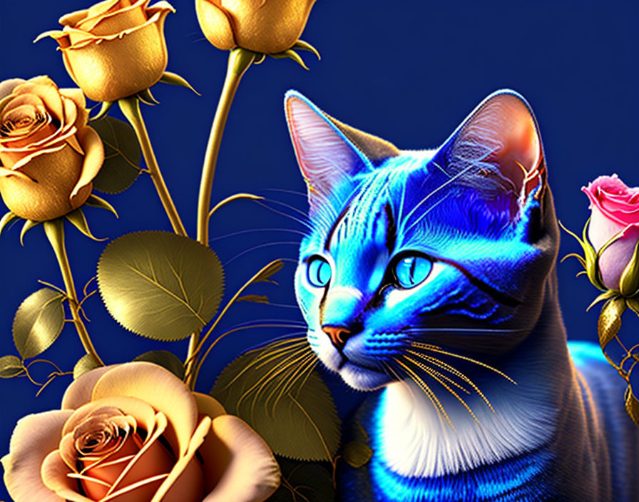 Blue-Striped Cat with Striking Eyes in Gold Roses on Deep Blue Background