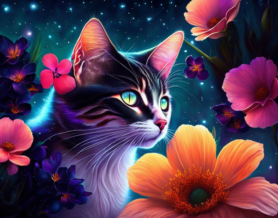 Colorful Cat and Flowers in Starry Night Sky