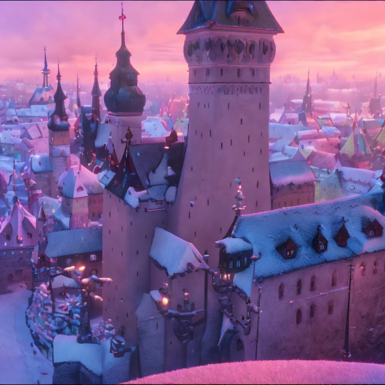 Snow-covered castle town at sunset with warm lights and figure on wall