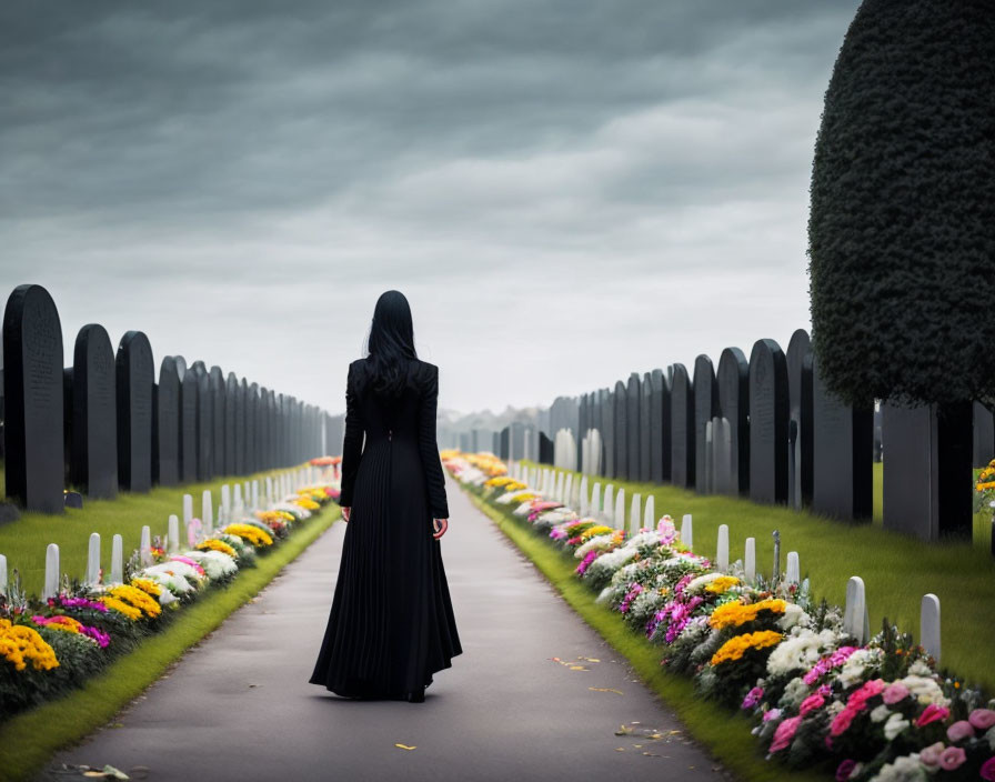 Person in Black Attire Among Tombstones and Hedges Under Overcast Sky