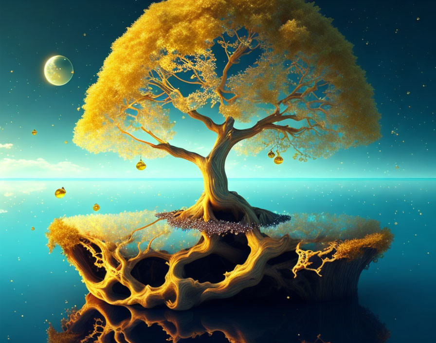 Golden tree with floating leaves on island under blue sky with large moon