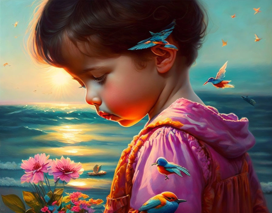 Young child in pink dress with birds at sunset seascape