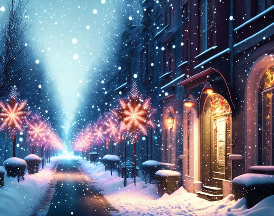 Snowy Twilight Street Scene with Festive Lights and Snowfall