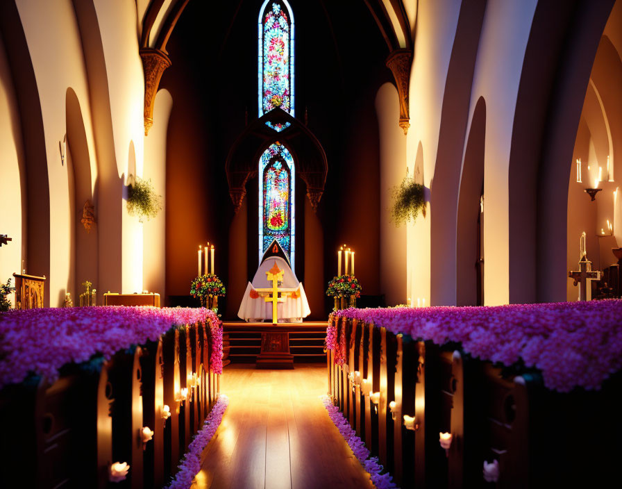 Priest at altar with vibrant flowers and stained glass windows