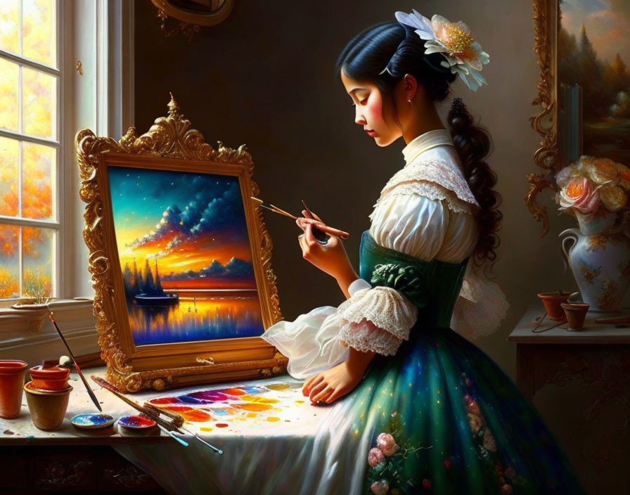 Woman painting seascape in vintage dress with palette and brushes by sunny window