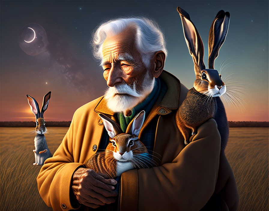 Elderly man with white beard holding rabbit in field at dusk