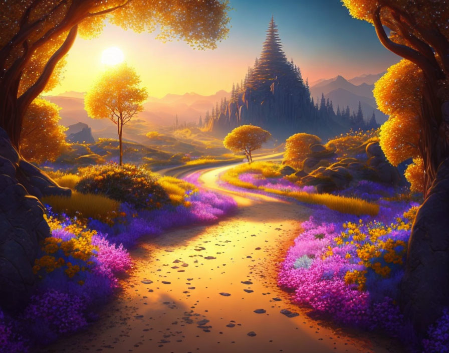 Colorful Forest Path Leading to Sunlit Tower at Sunset