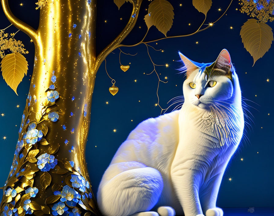 White Cat with Blue Eyes Beside Golden Tree and Blue Flowers