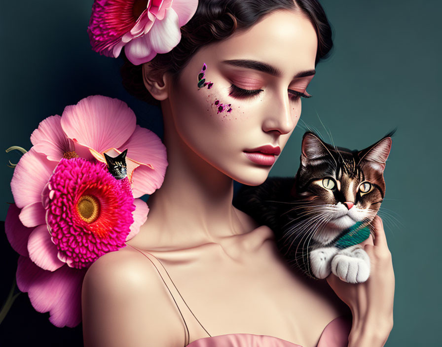 Woman with floral makeup holding tabby cat among vibrant flowers.