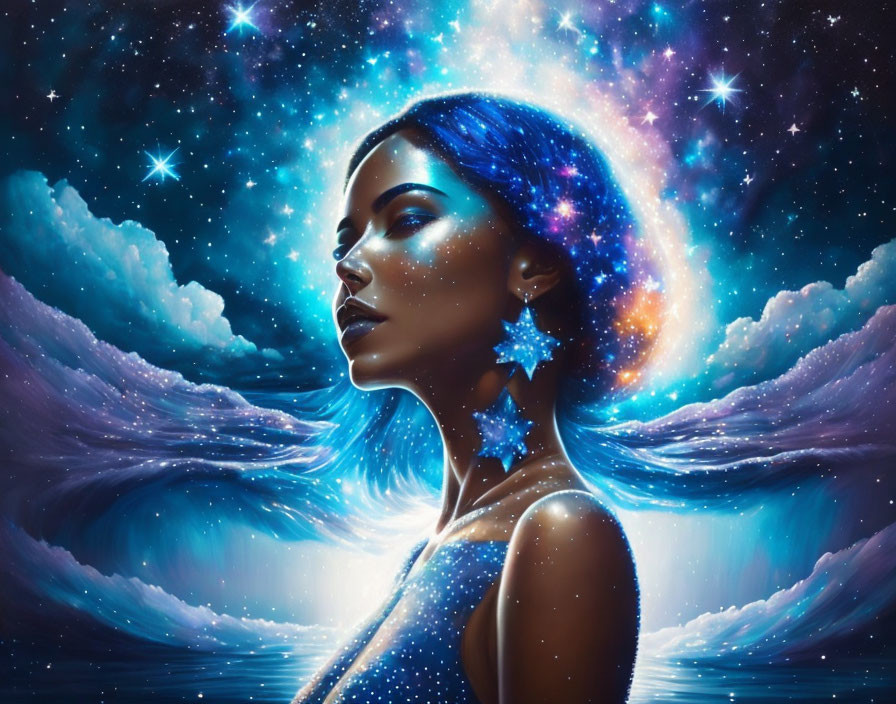 Blue-Skinned Woman Portrait in Cosmic Setting