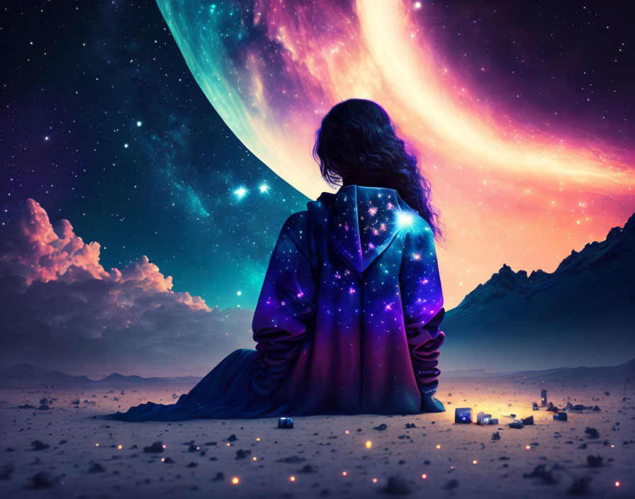 Person in cosmic-themed hoodie gazes at surreal night sky with large planet and nebulae