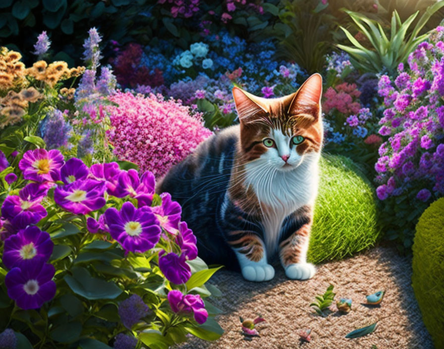 Calico cat among vibrant flowers in sunlit garden