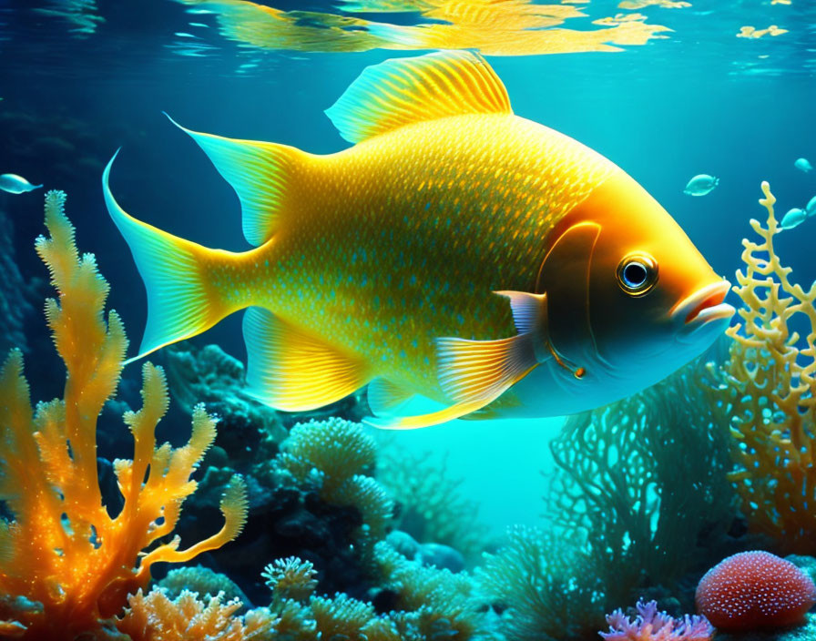 Colorful Yellow Fish Swimming Near Coral Reefs in Blue Underwater Scene