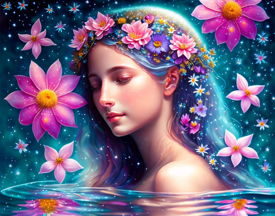 Illustration of girl with floral crown among pink flowers and stars on cosmic background