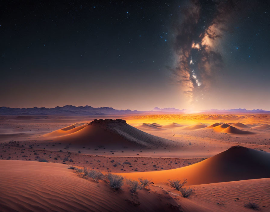 Majestic desert landscape at twilight with starry sky