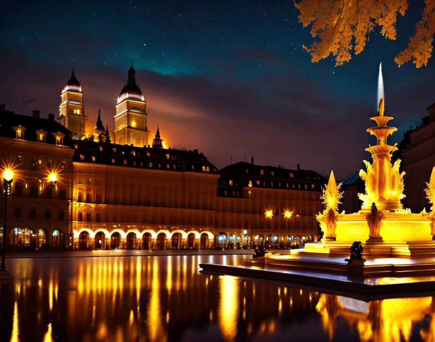 Cityscape with illuminated buildings, ornate fountain, and starry sky