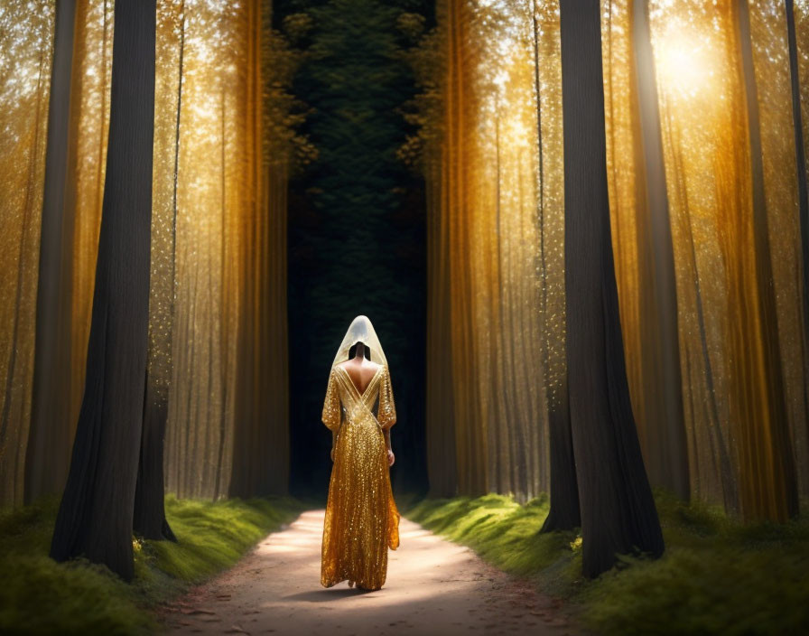 Person in Golden Dress Walking Forest Path in Ethereal Sunlight