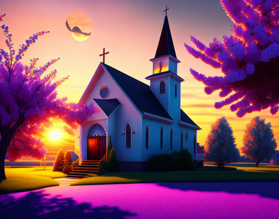 Charming church illustration at sunset with purple sky