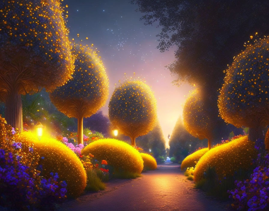 Enchanting Evening Scene with Glowing Trees and Lamppost