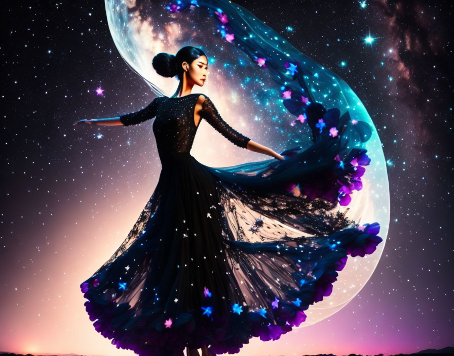 Elegant woman twirls in black dress under starry sky with moon backdrop