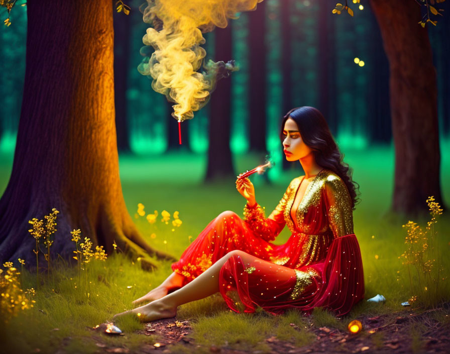 Woman in red traditional outfit smoking pipe under mystical forest tree