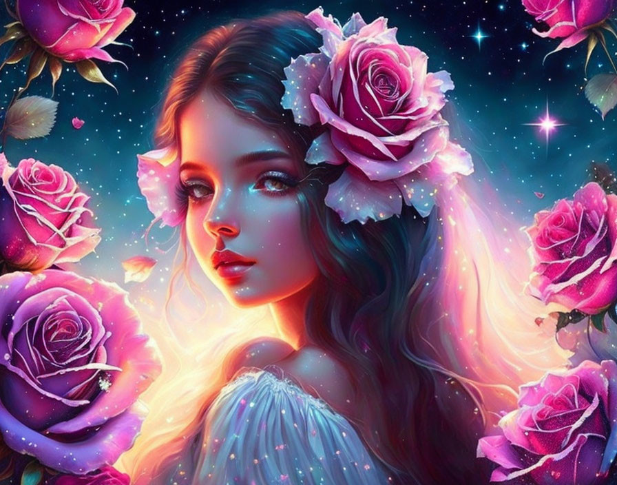 Digital artwork of woman with long hair and pink roses on mystical starry background